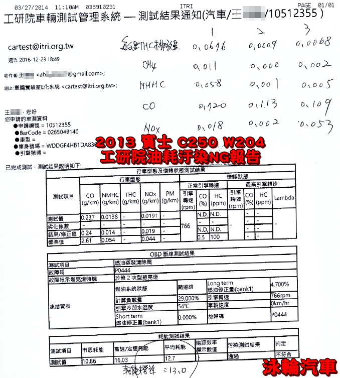 2013賓士C250 W204 1.8L工研院油耗汙染NG報告