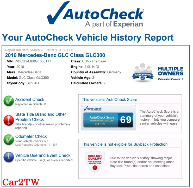 2016 賓士GLC300 Autocheck報告