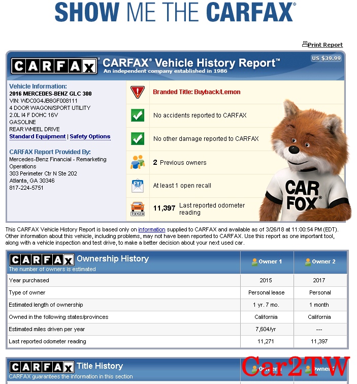 2016 賓士GLC300 Carfax報告