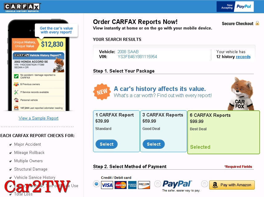 幾年前Car2TW因為推廣外匯車買賣資訊透明化，曾推出CarFax免費查詢，但是因為CarFax每份報告真的不便宜，因此改付費酌收成本。